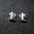 Macro shot of silver cupid angel stud earrings with bow and arrow on black background - Cupid / Steel