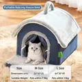 Navy blue and grey enclosed house-shaped cat bed with soft plush mat and carry handle - M (55x35x35cm)