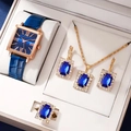 Navy blue faux leather strap watch with matching necklace and earring jewelry set - 11+ Pieces Of Jewelry (without Box) / Factory Direct Price