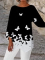 Haut à manches longues pour femme noir avec imprimé papillon blanc contrasté chic - S / Hauts / Noir avec papillons blancs