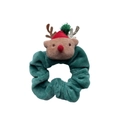 Chouchou de Noël en peluche verte avec une tête de renne marron mignonne et bonnet de fête - Tête de Renne