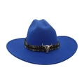 Royal blue jazz fedora with ethnic woven band and silver bull head metal pendant - Sapphire Blue