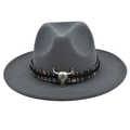 Dark grey wool fedora hat with ethnic woven band and silver bull head metal ornament - M (56-58cm) / Dark Gray