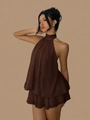 Deep brown halter neck chiffon mini dress with tiered ruffle hem and open back design - XS / Brown