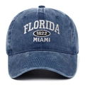 Berretto da baseball in cotone lavato blu navy con ricamo bianco Florida Miami a rilievo - Blu Notte