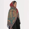 Thick core-spun yarn shawl with colorful paisley patterns and elegant tassels - Red Green Blue Gold Patch (T494-03)
