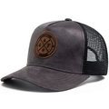 Dark grey faux suede baseball cap with black mesh back and brown round leather patch - Adjustable / Dark Gray