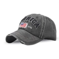 Close-up of distressed cotton baseball cap with AMERICA 1776 embroidery and US flag patch - Adjustable / Army Green