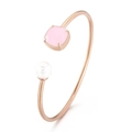 Rose gold C-shape bracelet with pink square crystal and white round pearl detail - Pink Gemstone + Rose Gold (KB123034-K)
