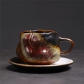 Japanese vintage coarse ceramic coffee cup set with irregular red and black kiln glaze - 237-d Time Capsule Cup + Saucer (brown Base) 200ml / Universal