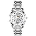 ORUSS men's silver stainless steel skeleton mechanical watch with silver metal strap - Silver White Luminous