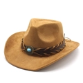 Brown wool felt western cowboy hat with woven leather band and turquoise stone detail - M (56-59cm) / Khaki