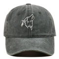 Close-up of wolf head embroidery on a vintage washed dark grey cotton baseball cap - Adjustable / Army Green