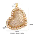 Golden heart pendant charm with white zircon inlay and 34mm height measurement details - Gold-3D Pave Heart