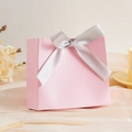 Elegant light pink wedding gift box with a wide silver grey satin bow decoration - Small / Blank Pink (Silver Ribbon)