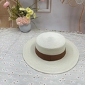 Elegant cream flat top straw boater hat with dark brown ribbon on floral background - M (56-58cm) / Coffee