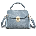 Blue denim textured crossbody handbag with golden metal clasp and top handle for women - Dark Blue