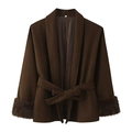 Elegant dark brown wool coat with faux fur cuffs and matching waist belt for women - Dark Brown