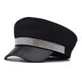 Casquette de marin noire en coton avec strass brillants et visière en similicuir - Noir Flash