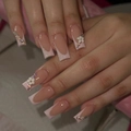 Long square press-on nails with nude pink base, floral 3D accents and glitter French tips - Pink French 3D Flower Rhinestone Style (JP2735)