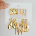 Set of 6 golden geometric hoop and pearl stud earrings on a white display card - Gold Leaf Pearl Style (6542901HB)