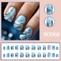 Blue marble press-on nails set with gold foil accents and 24-piece short square-oval shape - Blue Wave Gold Foil Glue Style (W3066)