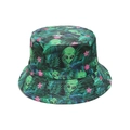Detail of tropical print bucket hat featuring green alien faces and pink floral patterns - M(56-58cm) / Dark Green Alien