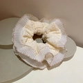 French lace scrunchie in beige and light pink pleated double-layer design for women - Apricot Scalloped Edge - Pleated