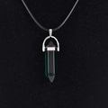 Deep green hexagonal quartz point pendant with black cord and silver clasp - Synthetic Peacock Blue Glass