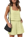 Ensemble 2 pièces en lin pour femme avec haut court sans manches jaune clair et short - S / Jaune