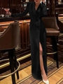 Elegante vestido negro de manga larga con abertura lateral y detalle de botones satinados - S / Negro