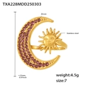 Size 7 stainless steel celestial ring in gold with purple zircon moon and sun motif - US 7 / Gold Color Pink Zirconia Ring