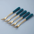 Set of 5 peacock blue ceramic handle fruit forks with gold stainless steel finish - Dark Green - Fruit Fork