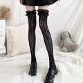 Schwarze Lolita-Kniestrümpfe mit Spitzenrüschen und herzförmigen Lochmustern für Damen - Herz Schwarz Overknee