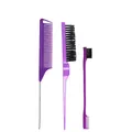 Professional 3-piece purple hair styling set with rat tail comb and edge brushes - 3Pcs Purple Set With Metal Pin Tail