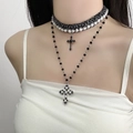 Gothic black bead choker and silver cross pendant necklace set with pearls - Black White Pearl Retro Gothic Multi-layer Necklace