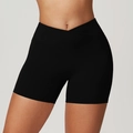 Women's black high-waisted yoga shorts with slimming crossover V-waistband design - S / Premium Black