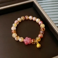 Beaded natural crystal bracelet with pink flower bead and golden bell charm detail - 58# Yellow Flower Star