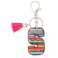 Letter S keychain with serape leopard print and a pink tassel on silver metal ring - Letter S