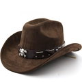 Brown faux suede cowboy hat with punk silver skull emblem on leather band - M (56-58cm) / Coffee