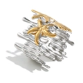 Two-tone stainless steel open ring featuring a golden starfish and small seashell - Starfish Shell Open Ring / Gold and Silver Two-tone