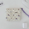 Detailed macro of floral quilted cotton pouch featuring cute rabbit patterns and hand strap - Lace Purple Rabbit