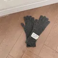 Dark gray knitted wool gloves with vintage white label patch in a full finger style - One Size / Dark Gray