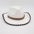 White western style fedora hat with black woven brim and beaded brown decorative band - White Black Edge With Brown Wood Beads