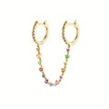 Doubles créoles en C dorées avec zircons arc-en-ciel et chaîne de connexion chic - Boucles d'Oreilles Connectées avec Chaîne Arc-en-ciel-Or (JQH0058-GG-1) / 24K