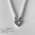 Collier élégant avec pendentif cœur en acier inoxydable et perles de riz blanches - Collier Fermoir Coeur Argent (XNL0006-1)