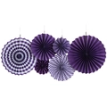 Set of 6 purple paper folding fans in various sizes and patterns for party decoration - Purple Stripes