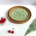 Handwoven rattan tray set with green shell mosaic base for snack and fruit storage - Full Leaves / 2-Piece Set