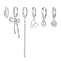 Elegant 6-piece silver earring set featuring bow, heart, long tassel and pearls - 6-Piece Set / Silver