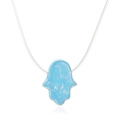 Blue Hamsa Hand pendant with shimmering flakes on an invisible nylon fish line chain - Blue Hamsa Hand (7658)